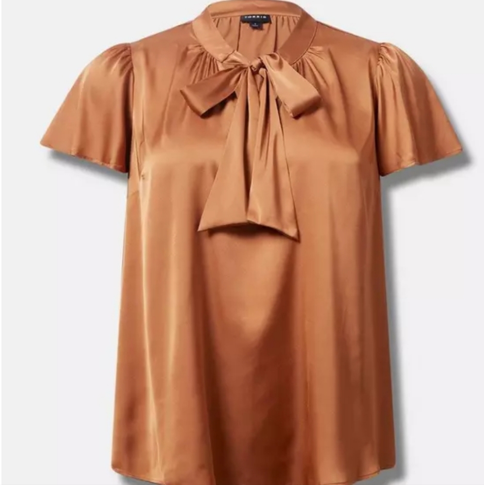 Torrid | Satin Golden Rust Brown Necktie Accent Blouse - Picture 2 of 11